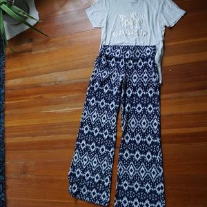 Patterned flare pants.